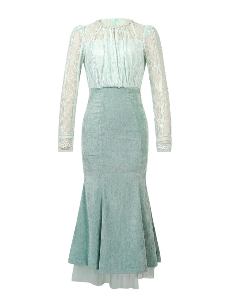 Falso 2 piezas de encaje transparente Sexy Maxi vestido de mujer elegante ocasión Formal vestido de noche fiesta delgada ropa de mujer Casual nueva llegada