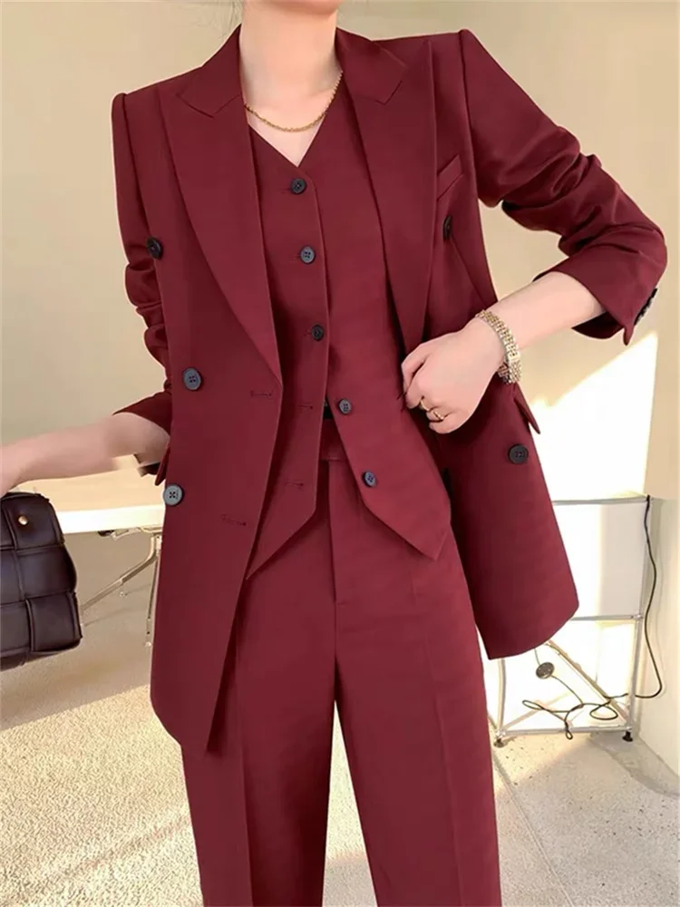 Burgundy Suit Set Women Spring 2024 Office Ladies Lapel Single Breasted Vest Wide Leg Pants Blazer Three Piece Set B257