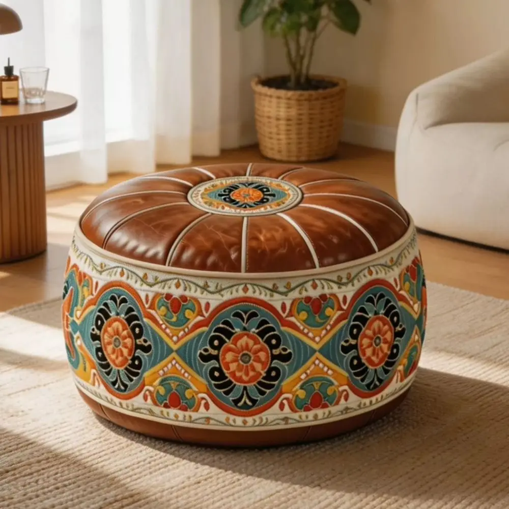 PU Leather Round Ottoman Stool Vintage Style Fillable Storage Ottoman Pouf Round Shape Geometric Bird Pattern