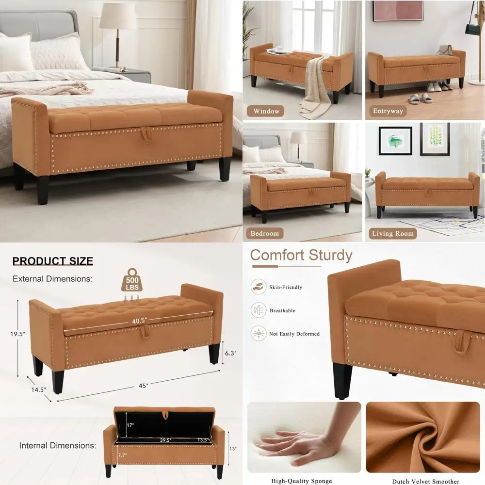 مسند تخزين حديث بأذرع، مقعد منجد بزاوية 45 زرًا لغرفة المعيشة، نهاية أثاث السرير، قطعة مخملية #1