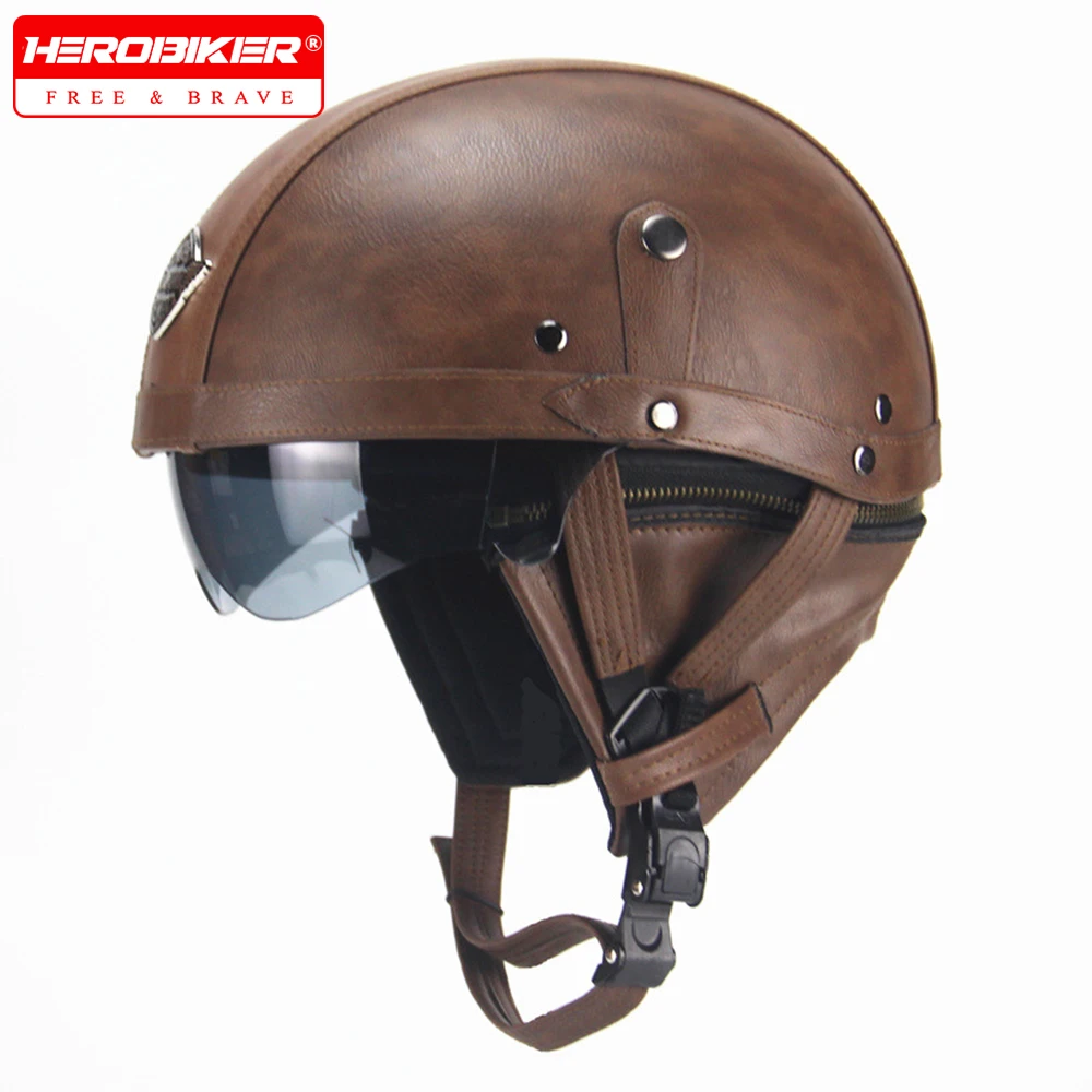 

DOT Certification Motorcycle Helmet Retro Leather Motorbike Half Helmet Vintage Fashion Casco Moto ABS Material For Men Women