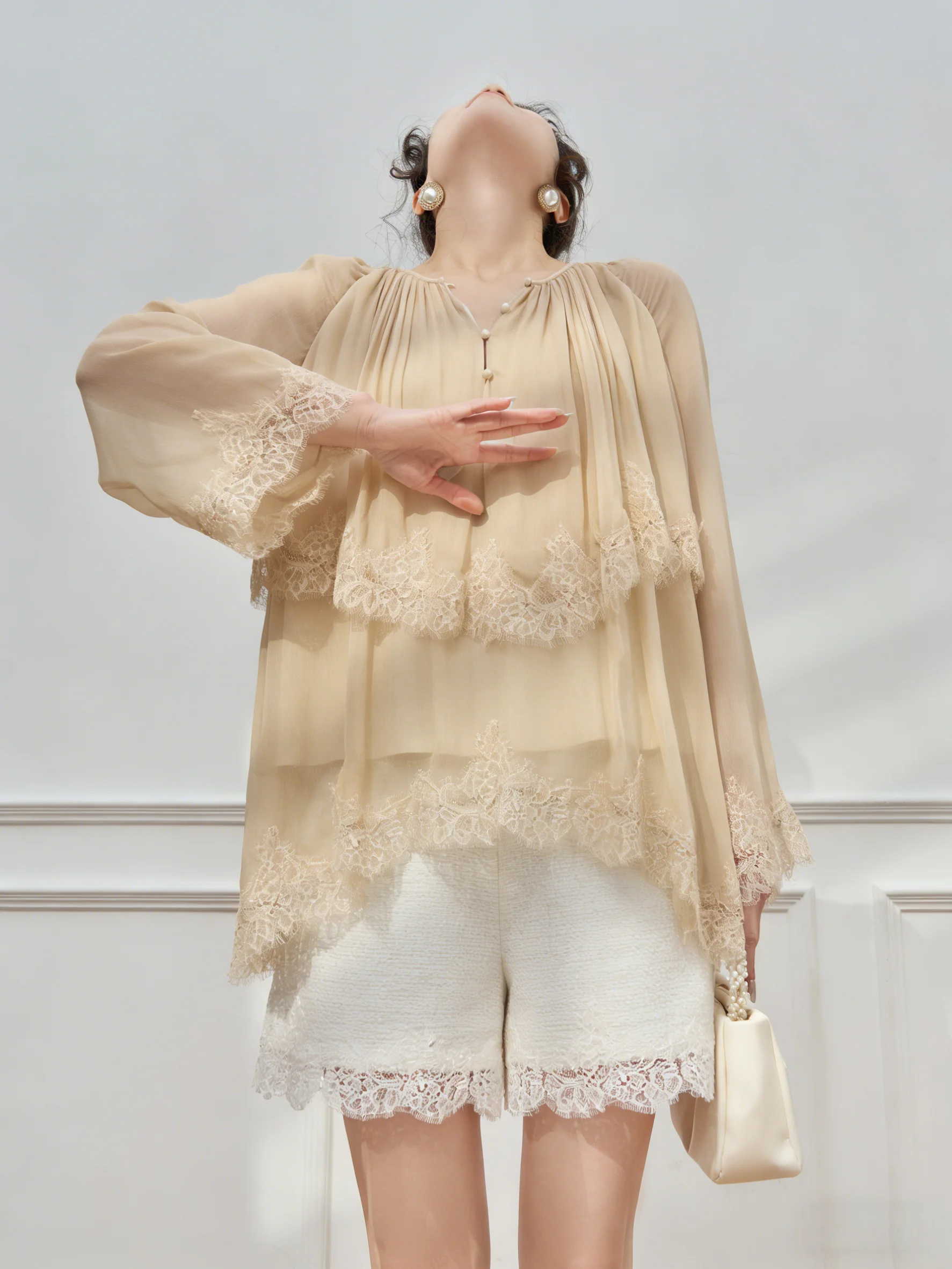 

Light Peach Lace Trim Chiffon Base Shirt Cover up Top Women's Luxury Sensation Early Summer New Style French Style Loose Fit
