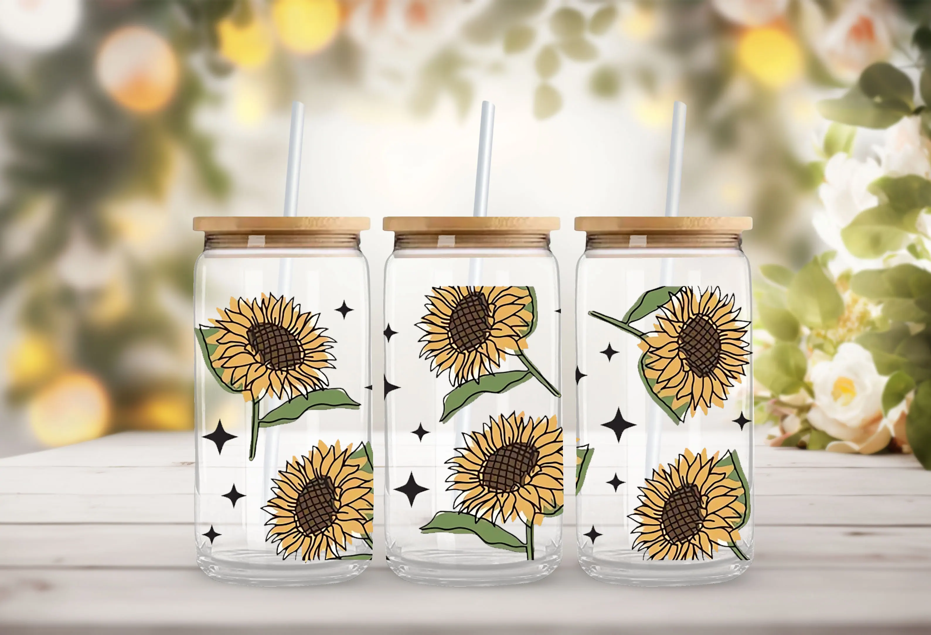 Summer Sunflower Positive Sunny  UV DTF Transfer Sticker Self-Adhesive Scratch-Resistant Stickers Home Crafting Crystal Labels