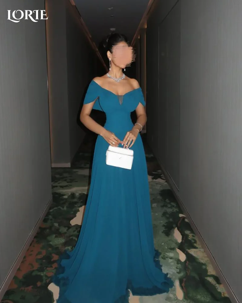 

LORIE Sexy Crepe Blue Mermaid Evening Dress Off Shoulder Chiffon Princess Prom Dress A-Line Shiny Pleats Party Gown Customized