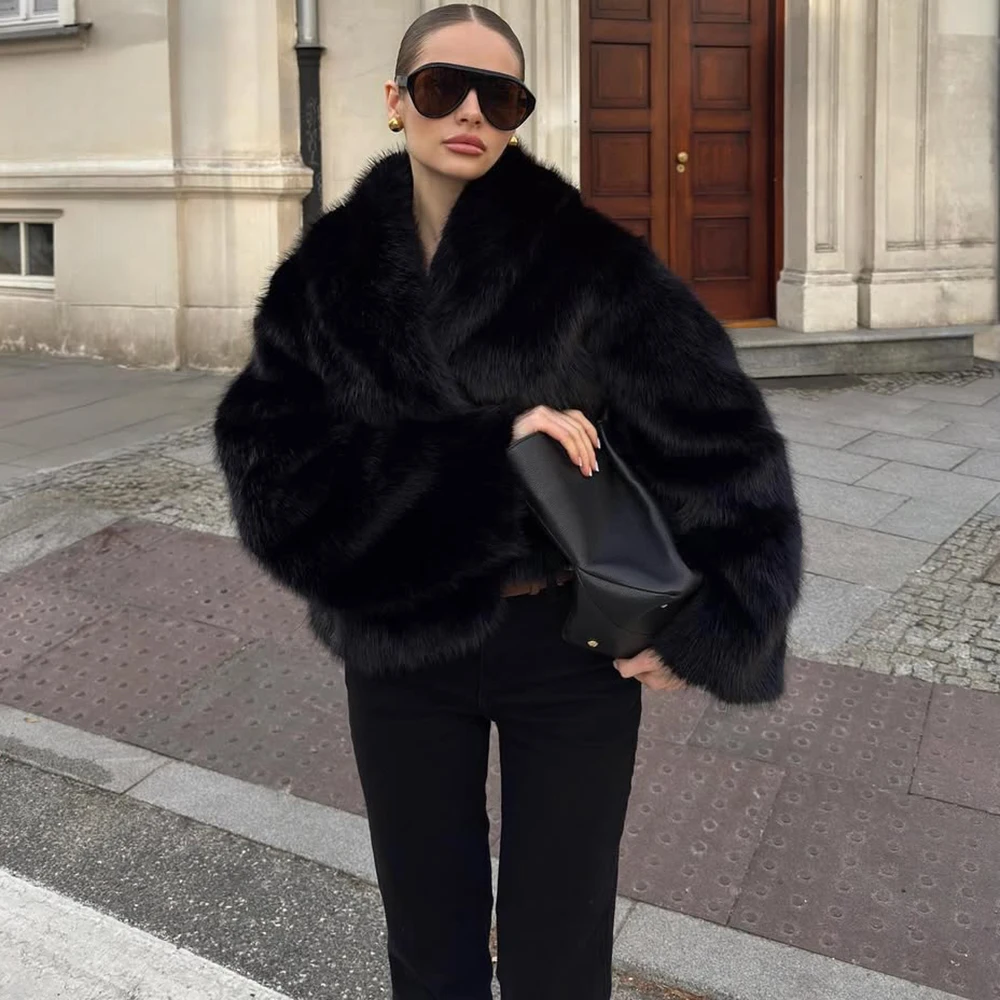 

Ticketsx Elegant Faux Fur Coat Solid Women Lapel Fluffy Loose Short Jacket Fashion New Winter High Street Warm Lady Outerwear