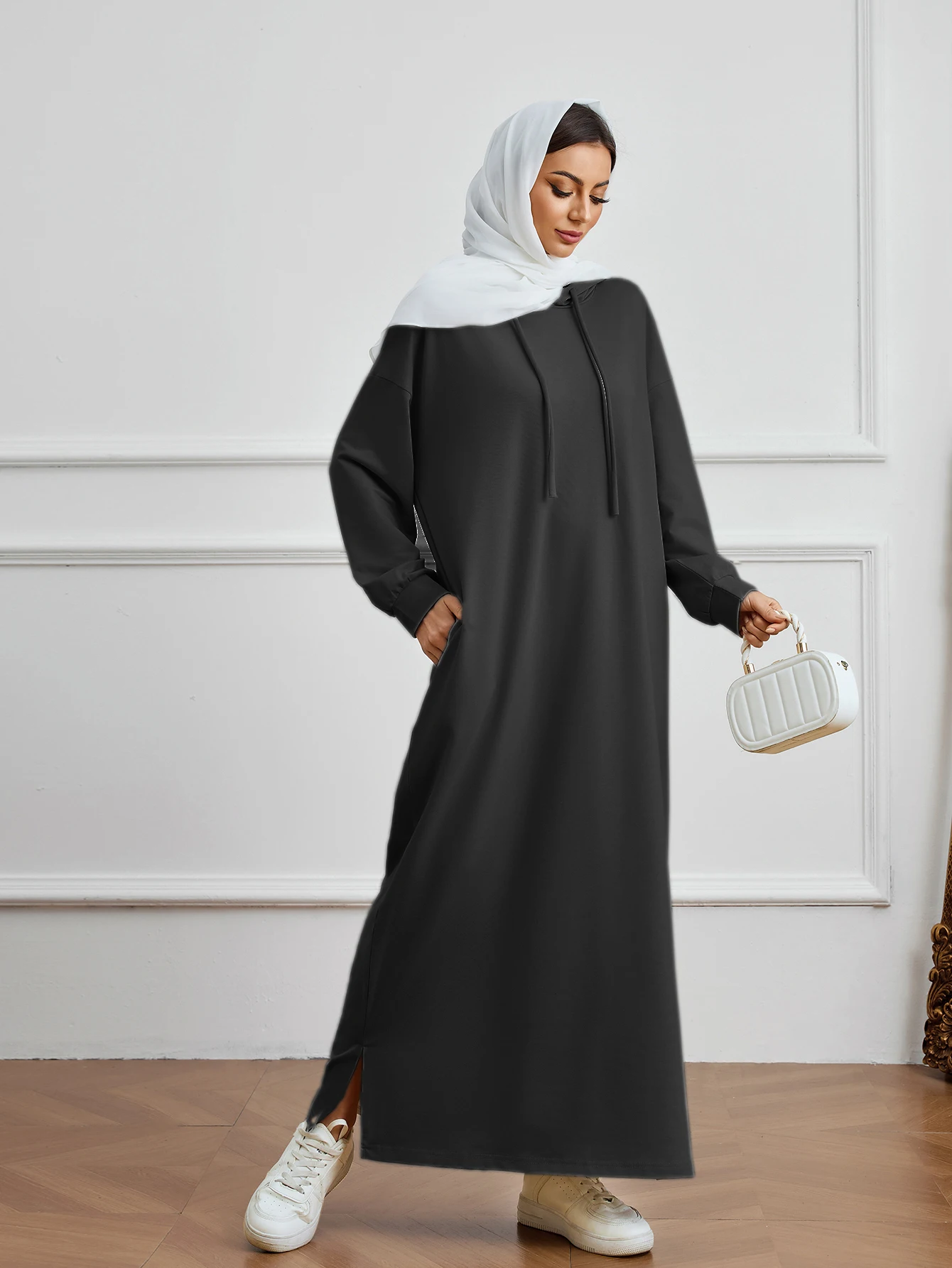 

Новое стильное мусульманское женское черное платье Абая с капюшоном, исламское скромное длинное платье с завязками для повседневной носки и религиозных мероприятий