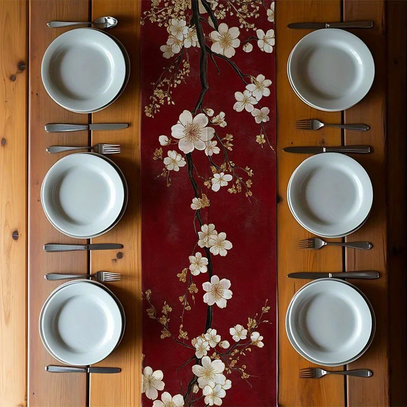 1 Piece of New Chinese-Style Plum Blossom Gilding Table Flag, Painted with Golden Flower Branches on a Red Background, White Plum Blossom Pattern, Suitable for Chinese-Style Home Banquets, Spring Festival Parties, Tea Room Decorations, Classical B&Bs, Art Exhibitions, Traditional Festival Celebrations, Business Negotiations, and Chinese-Style Theme Activities