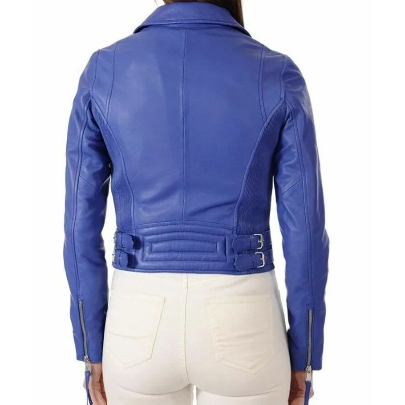 Party Wear Women's Studded Real Lambskin Biker Leather Jacket Blue Fashion Style