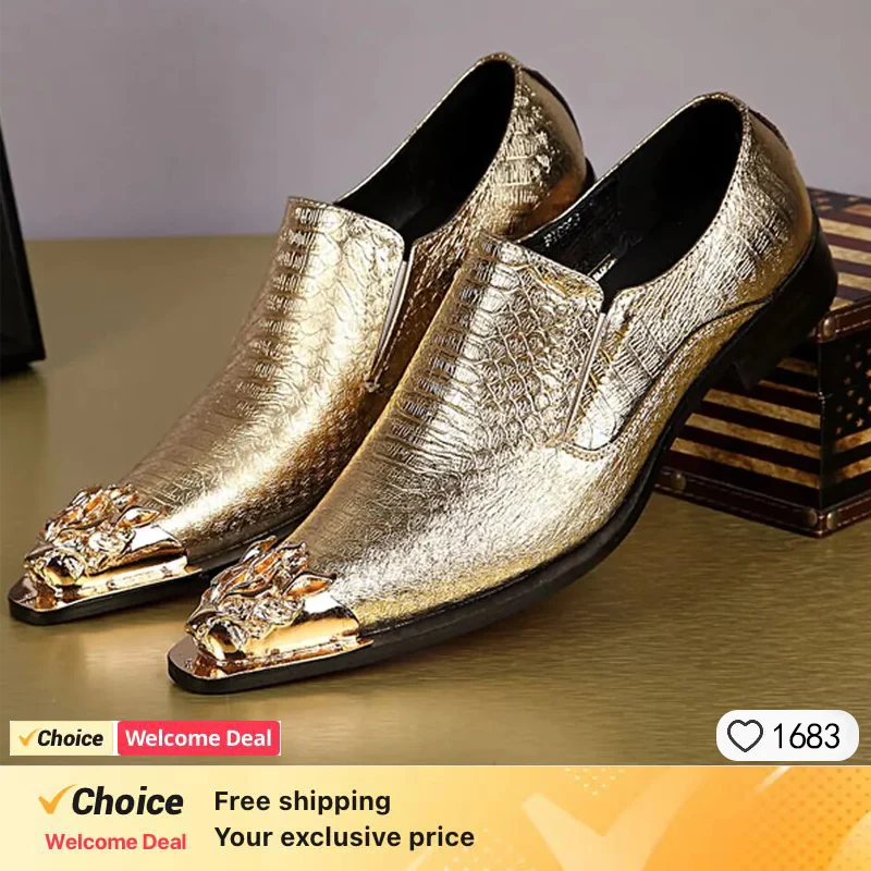 

Luxury and fashionable men's party shoes, golden pointed snake patterned dress shoes, wedding party high-end customized shoes