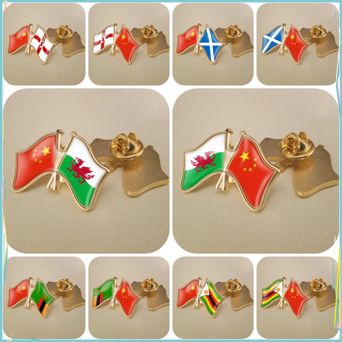 China and Northern Ireland Scotland Welsh Zambia Zimbabwe Crossed Double Friendship Flags Lapel Pins Brooch Badges