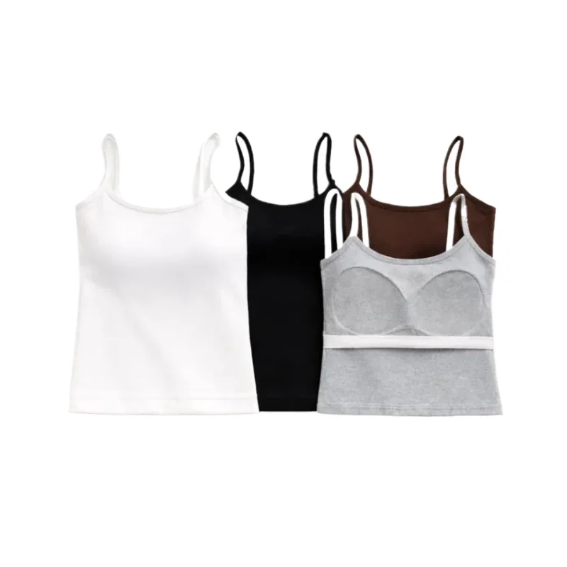 

Korean Women's Solid Color Spaghetti Straps Sleeveless Slim Camisole Chest Pad Cotton Summer Wear Outside Female Short Top Vests