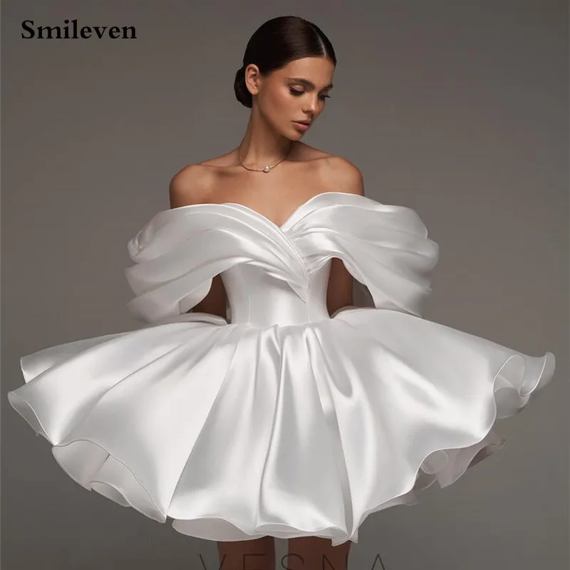 Smileven Short Wedding Dress A Line Soft Satin Off The Shoulder Bride Dresses Mini Sweetheart Neck Vestido de novia Customized