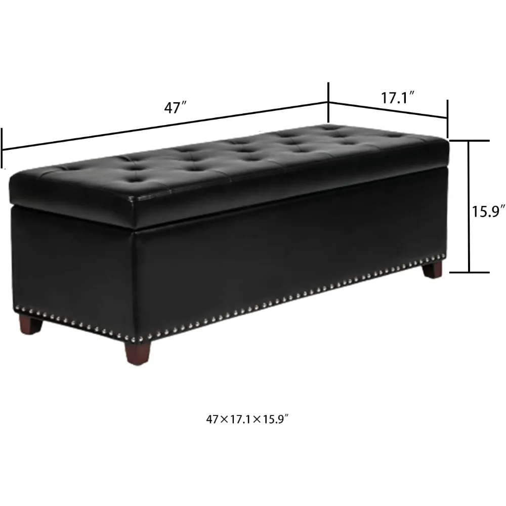 مقعد عثماني من الجلد معنقدة مقاس 47 بوصة مع مساحة تخزين وحواف رأس الأظافر لغرفة النوم باللون الأسود