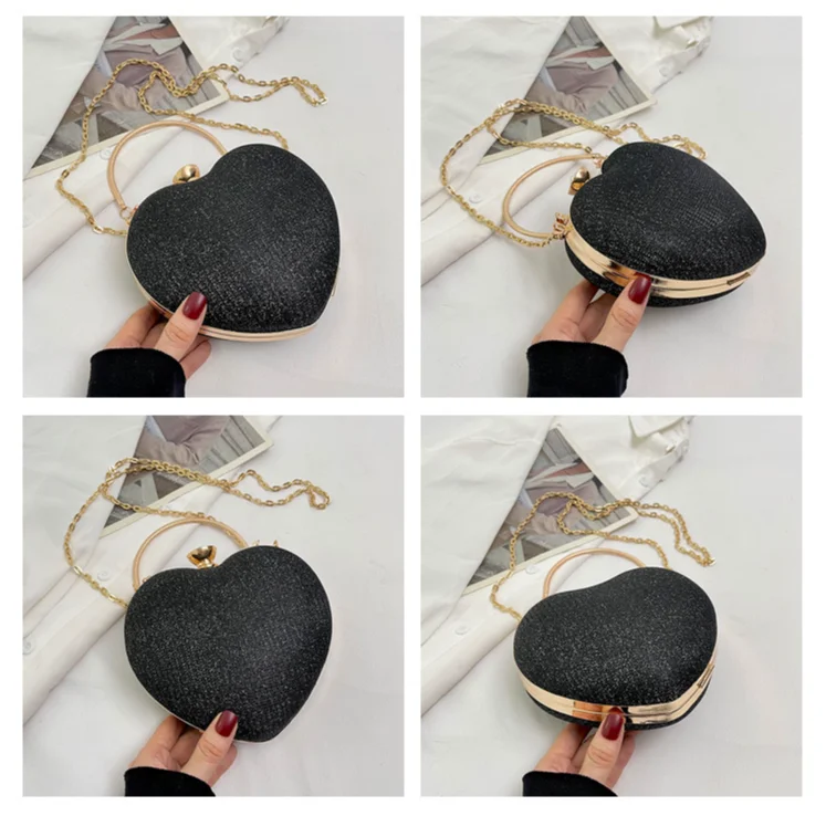 2023 New Diamond Female Evening Clutch Bags Shiny Heart Shape Metal Handbag Fashion Chain Shoulder Bag Luxury Lady Purse