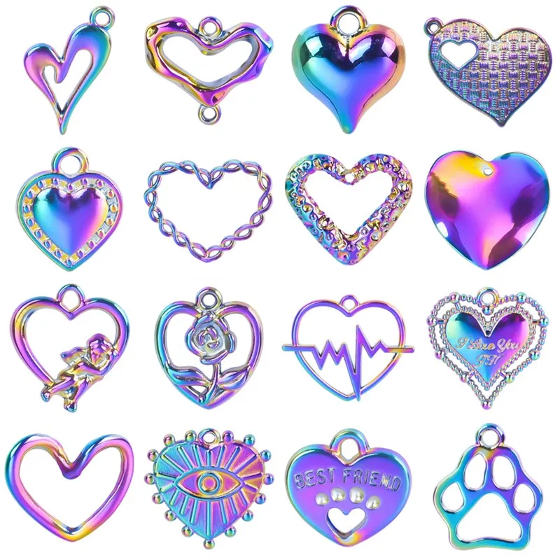 10pcs/Lot Hearts Charm Rainbow Color Multistyle Heart Pendant Charms For Jewelry Making Supplies Dijes Para Bisutería Materials