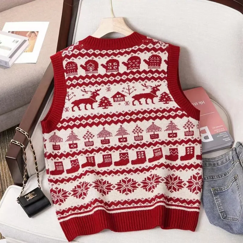 #3939 Black Red Khaki Sleeveless Pullover Vest Women Christmas Sweater Vest Female Slim Vintage Short Knitwear Pullover Vest