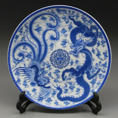 

Chinese Blue and White Porcelain Plate Painted Dragon Phoenix w Qianlong Mark