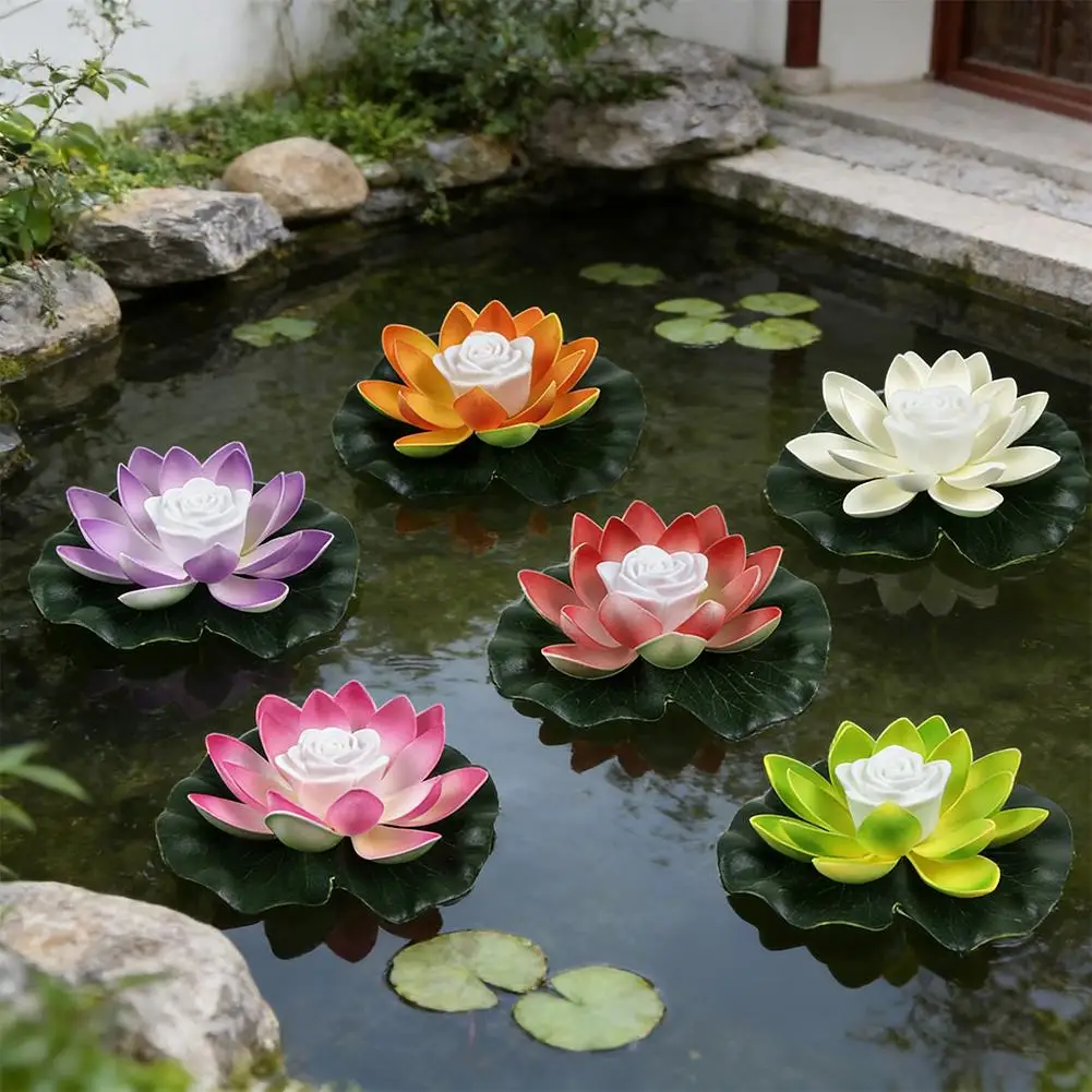 18cm LED Waterproof Floating Wishing Lotus Light Artificial Flower Decor Fake Water Landscape Lotus Lily Micro Plant Floati J0M9