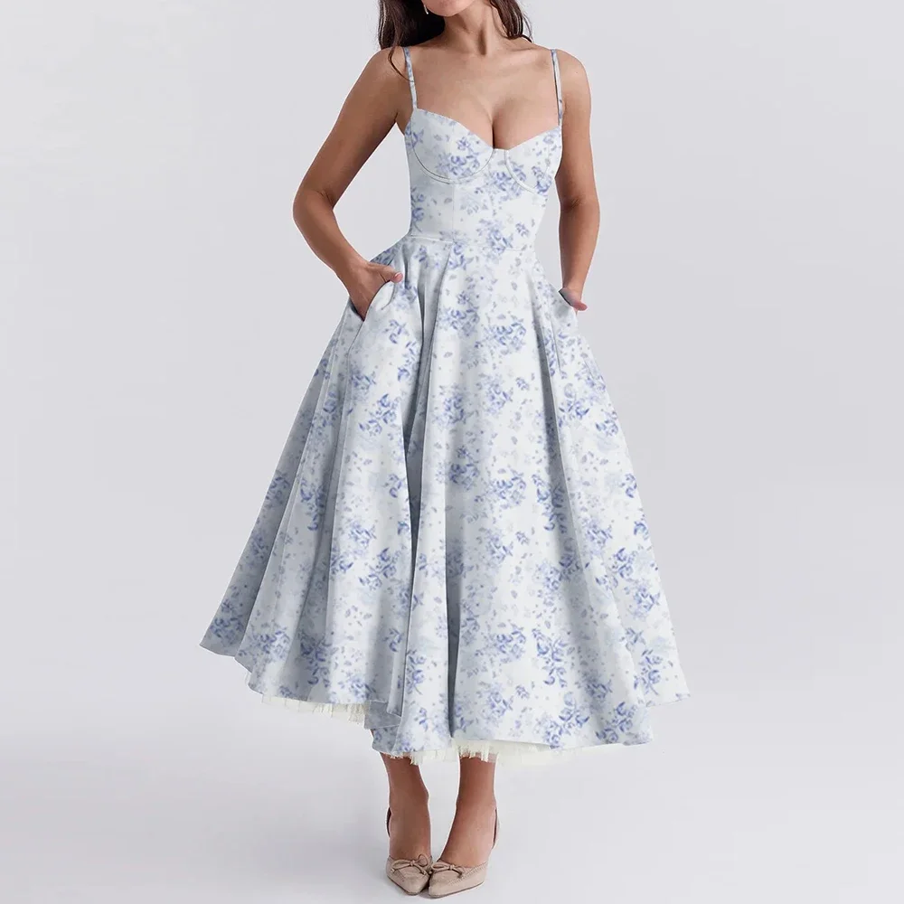 CPSYMYM vestidos Primavera Verano Retro Vintage Skinny Fit Ditsy Floral sin mangas escote corazón Midi Cami vestidos para mujer