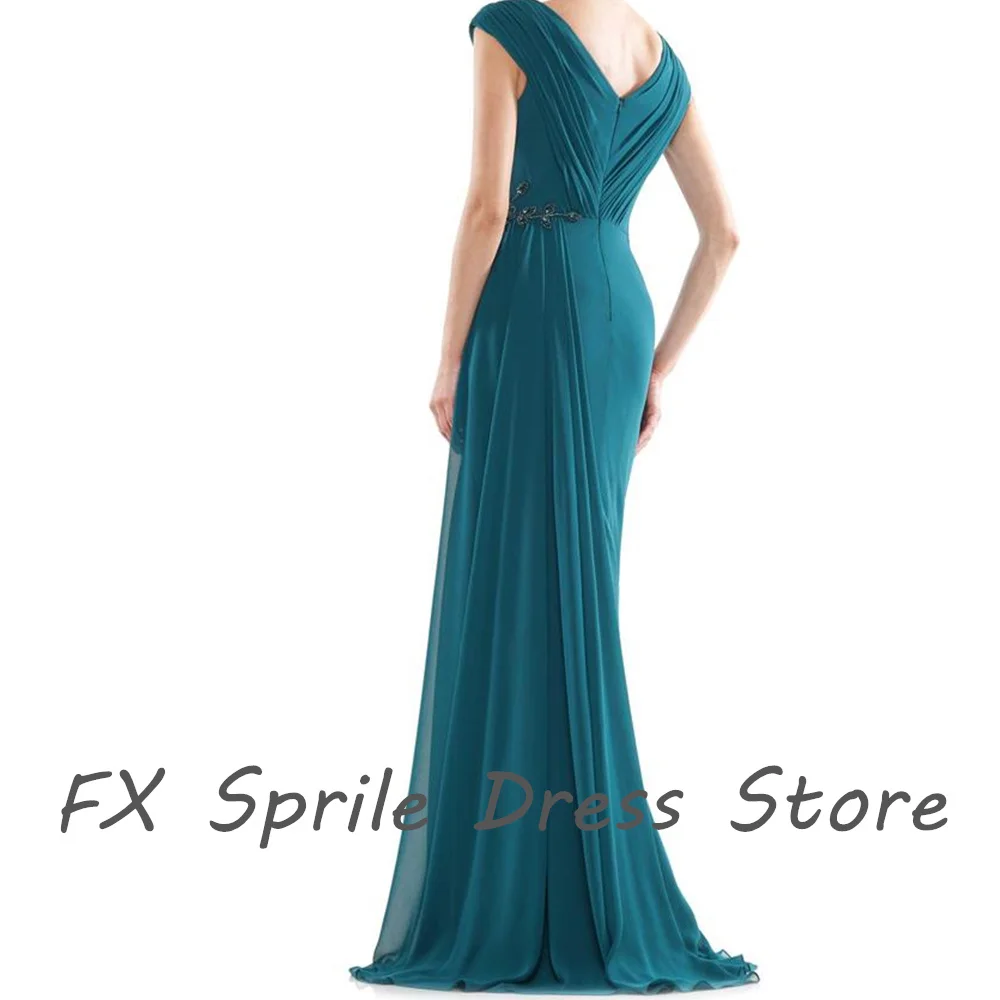 V Neck Chiffon Cap Sleeve Appliques Straight Zipper Back Sleeveless Floor Length Backless Elegant Luxury Evening Dress 2024