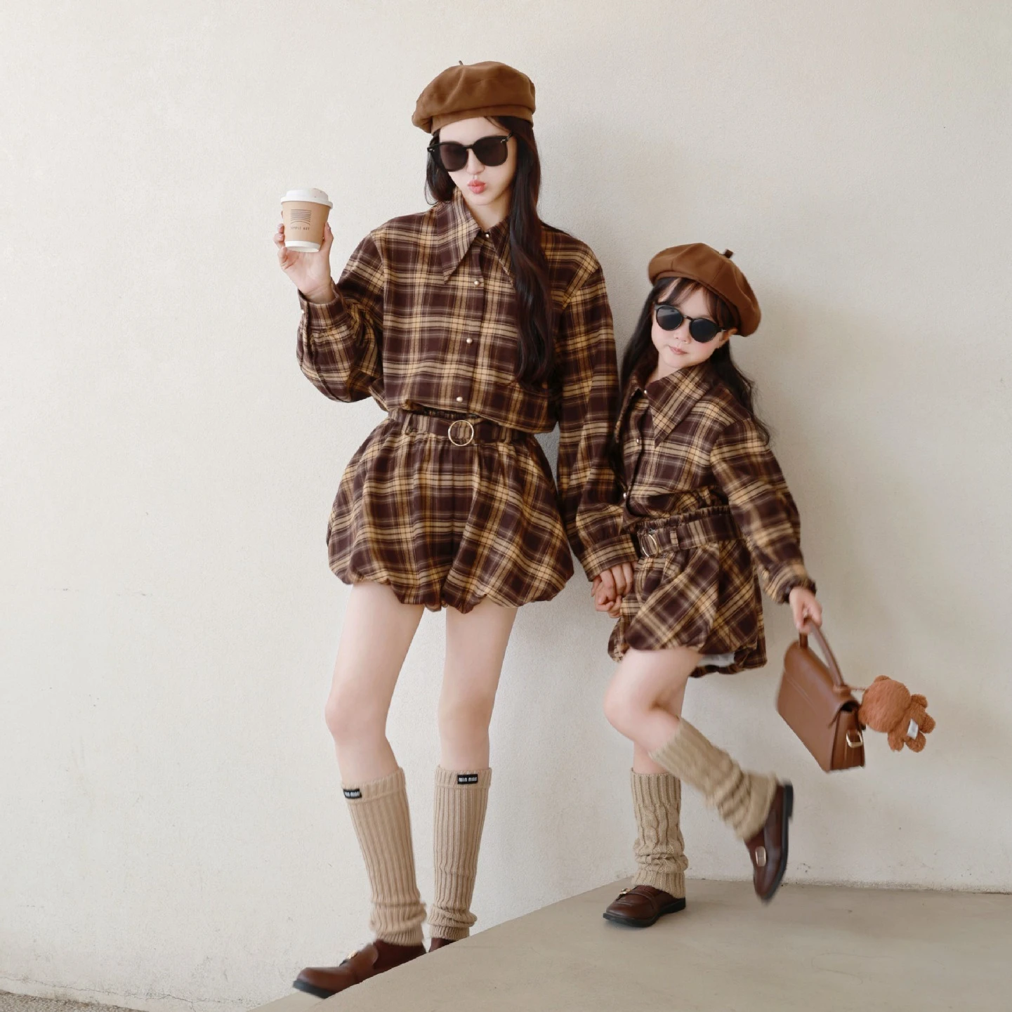 Mom Daughter Matching Outfits Plaid Shirt + Lantern Shorts Set with Belt 2PC Women Baby Girls Mother Family Couple Clothes