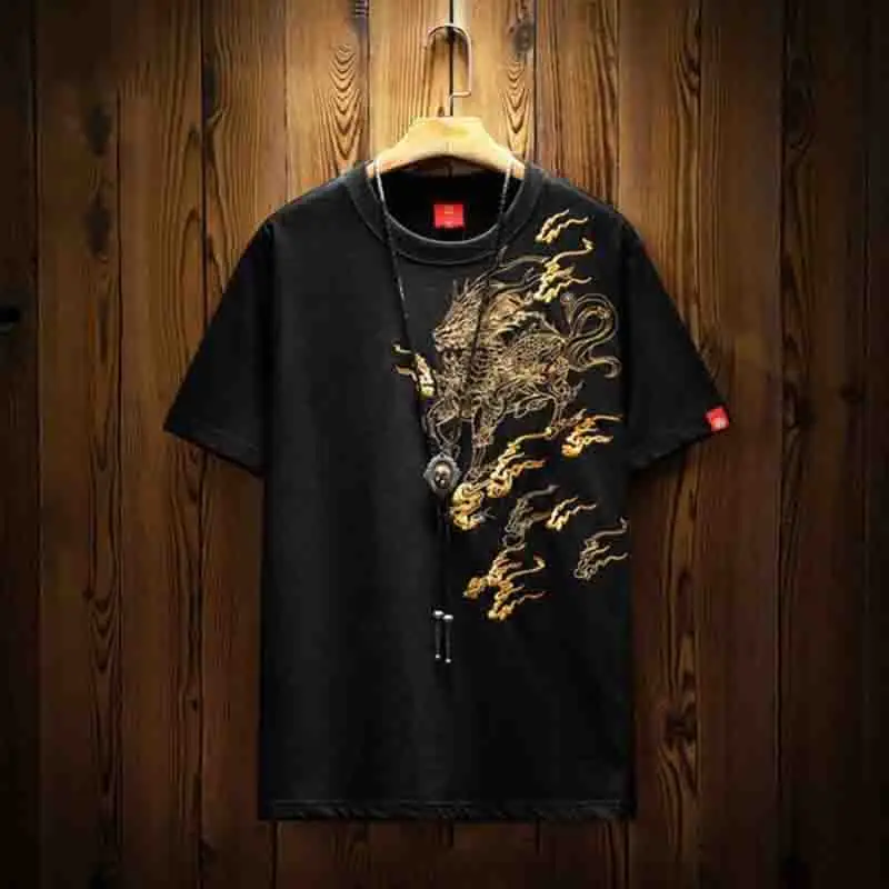 Chinese Style Kirin Embroidery Men Short Sleeve O Neck T Shirts Summer Personality Fashion Vintage 2xl Oversized Clothing White