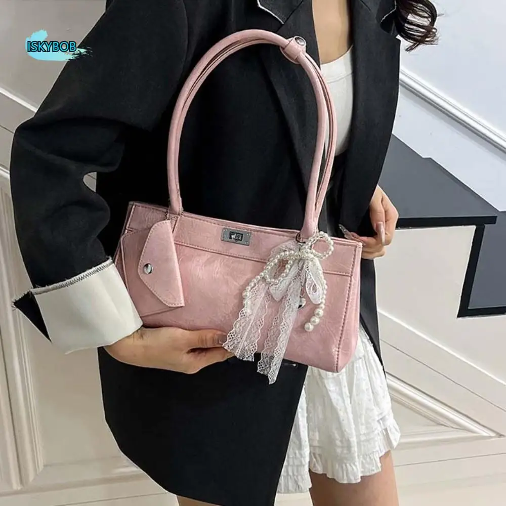 

All-match Sweet French Stick Handbag Bow Ribbon Lace PU Shoulder Bag Hanging Pouch Y2K Texture Underarm Bags Women
