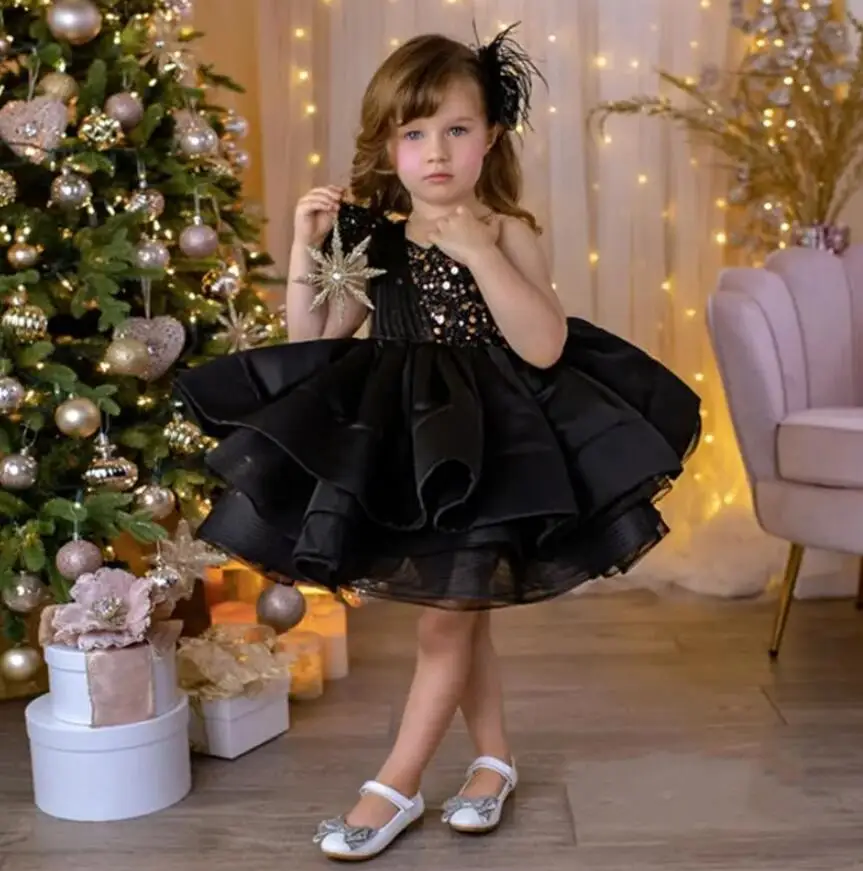 

Glitter Black Flower Girl Dresses Sequin Organza Baby Girl Dress Puffy Dresses For Girls Kids Birthday Party Gown