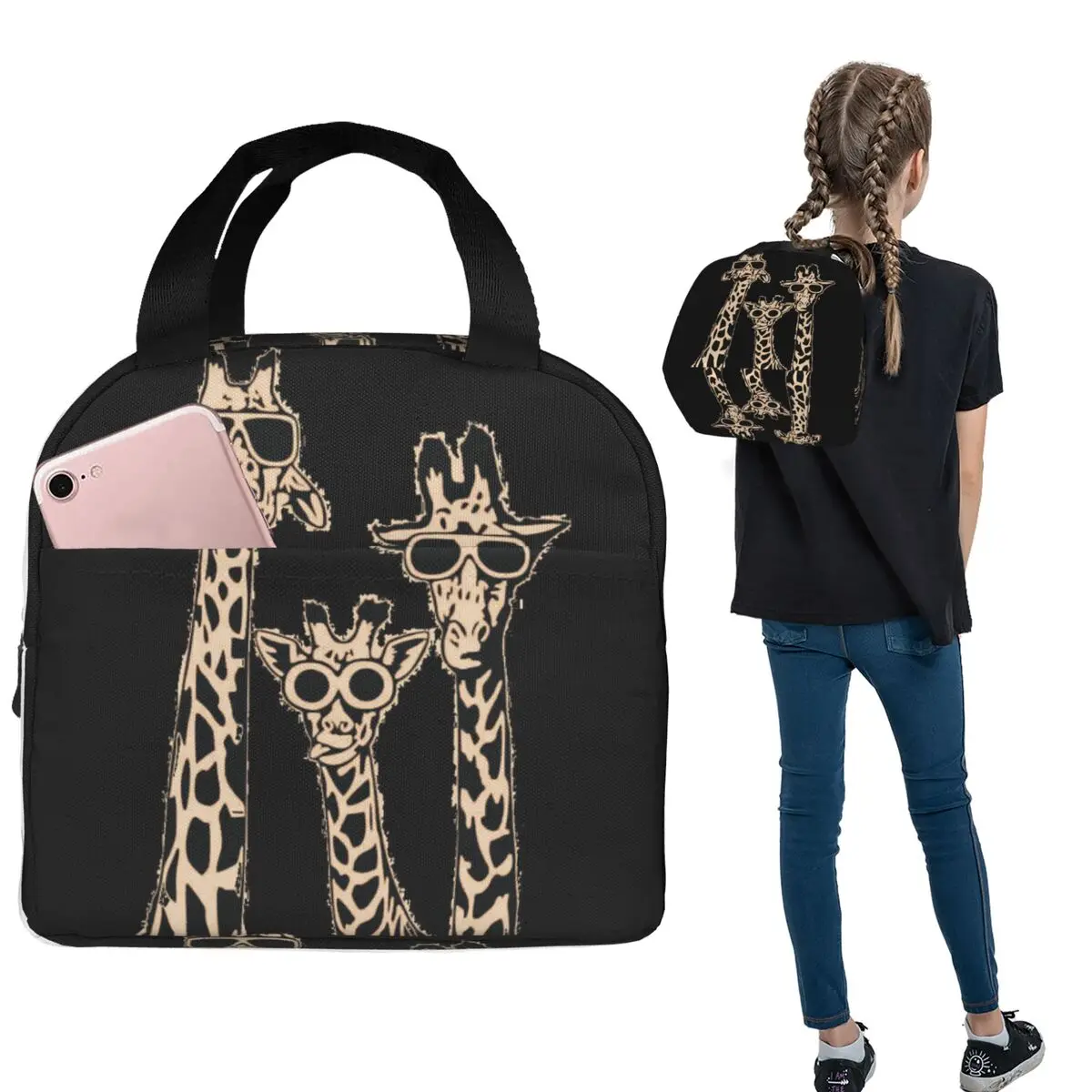 

Giraffes Wear Sunglasses Cartoon Insulated Lunch Bag for Women Kids Portable Food Boxes Thermal Lunch Box Tote