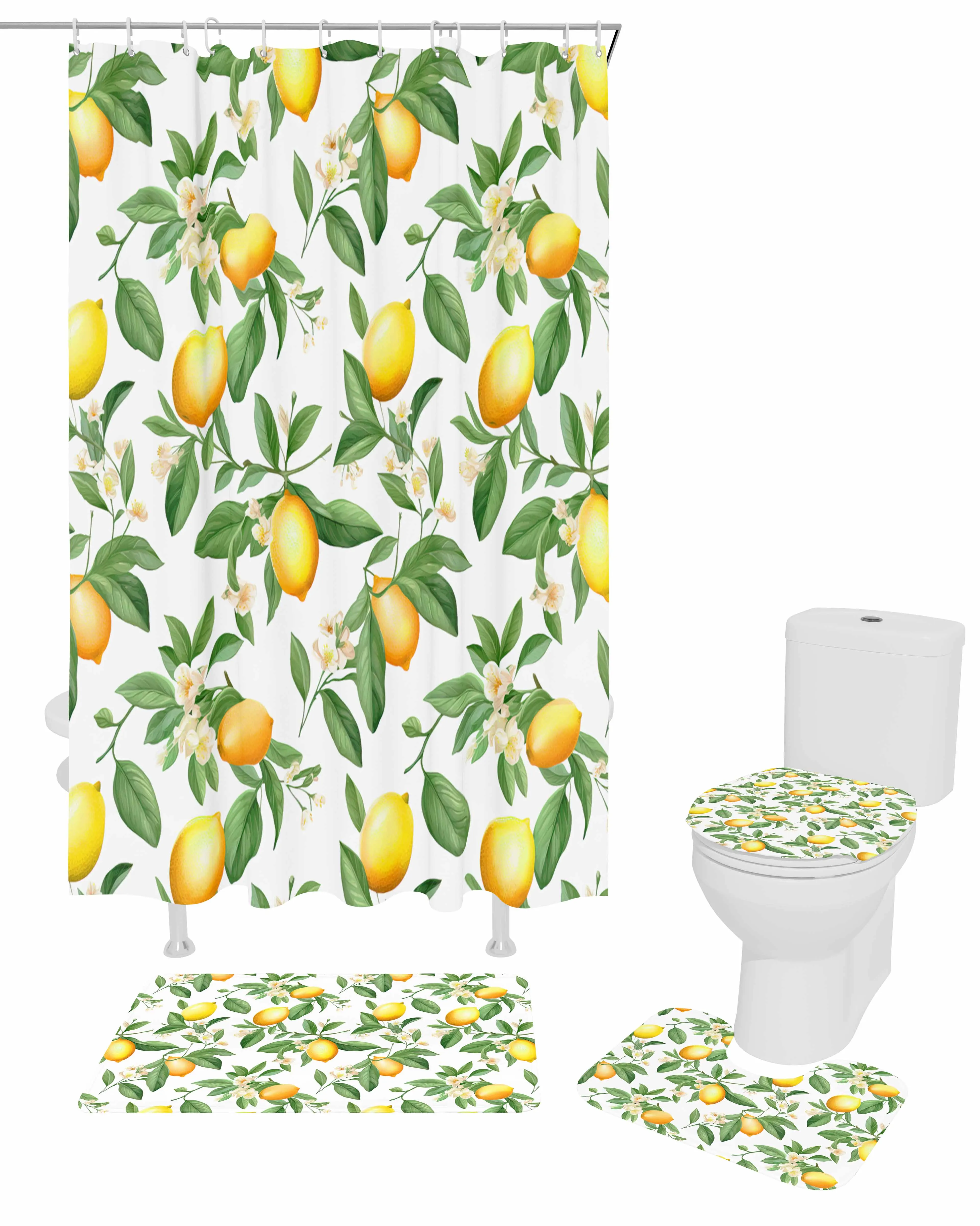 Lemon Leaves Flowers Shower Curtain Set Non-Slip Rugs Bath Mat Toilet Lid Cover Waterproof Bathroom Curtain