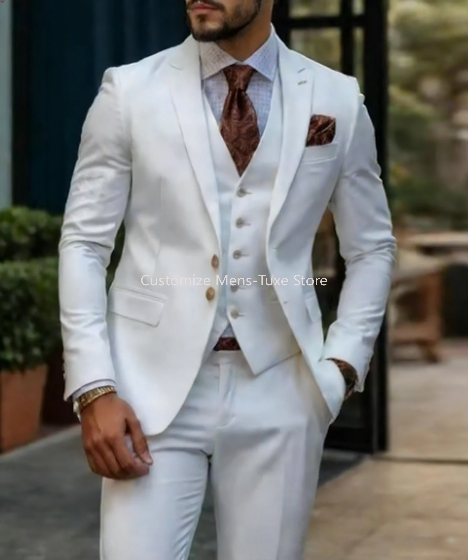 

New White Formal Occasion Business Men Suit Groom Groomsman Wedding Party Prom Male Tuxedos 3 Piece Set Blazer Vest Pants
