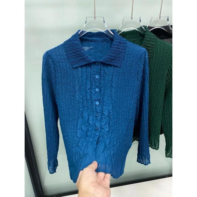  Pleated Blouse Polo Collar Thin Fold Shirt 2026 Autumn New Textured Embroidered Sun-Protective Long-Sleeve Jacket Shirt