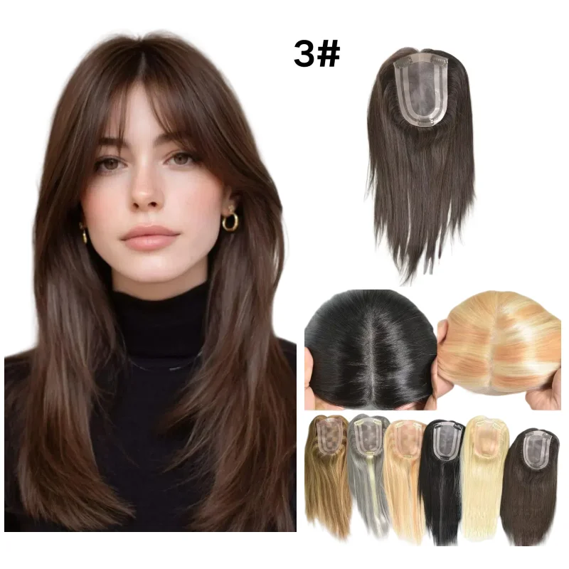 100%人毛ヘアピース 女性用 手植えモノPUベース 4x6インチ 12インチ ミドルパート 接着剤不要
