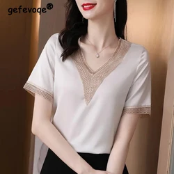 Women Hollow Lace Patchwork Elegant Blouse Summer Fashion V Neck Short Sleeve Office Lady Business Casual Shirt Chic Ladies Tops