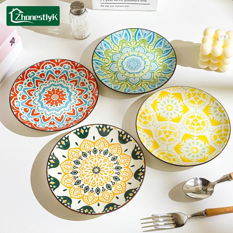 6.5-Inch Boho Style Ceramic Dish, 4 Counts/set Colorful Geometric Pattern Snack Dishes, Decorative Plate for Home Kitchen Party
