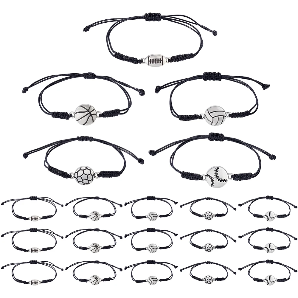 20pcs Sports Charm Bracelets 5 Styles Sport Theme Adjustable weave Rope Rugby Tennis Football Basketbal Volleyball Ideal