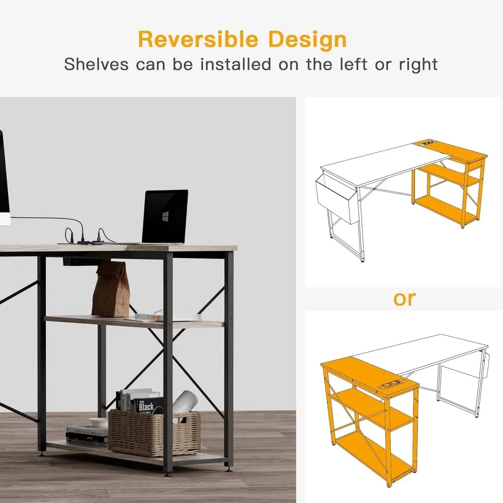 L-Shaped 55 Inch Corner Computer Desk with Power Outlets, Reversible Shelves for Small Spaces, Gaming and Office Use Desk