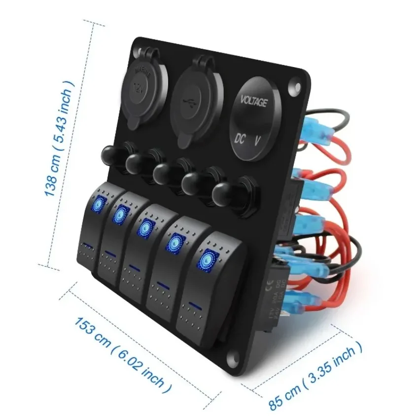 5 Gang Marine Switch Panel 12V 24V IP65 Waterproof Pre-Wired Rocker Switches Dual USB Charger For Boat RV Yacht