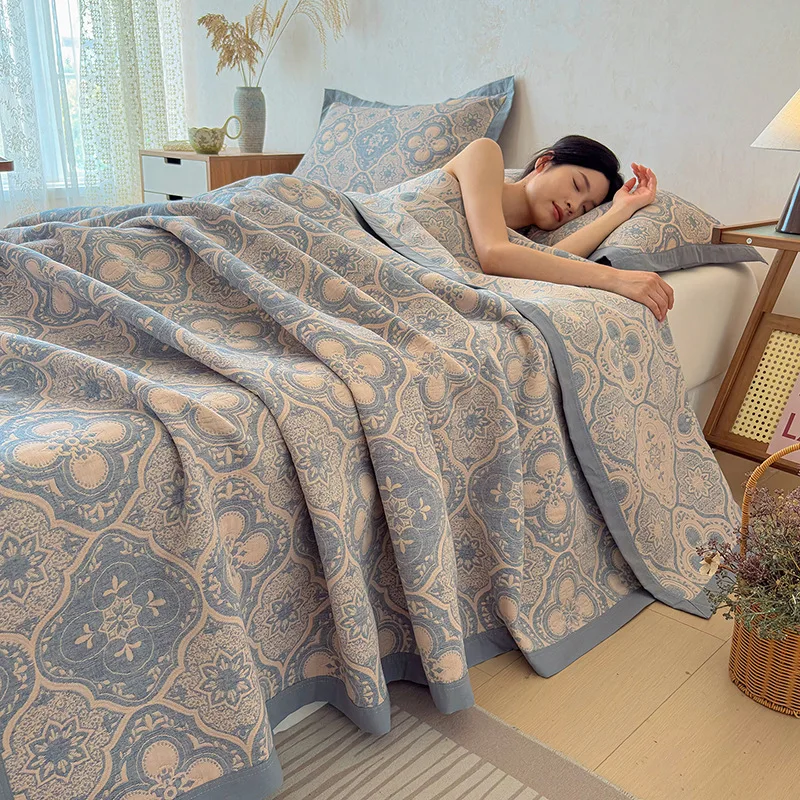 100% Cotton 3-Layer Muslin Jacquard Throw Blanket – Soft Breathable Lightweight Sofa Bed Cover, A-Grade All-Season Nap Blanket