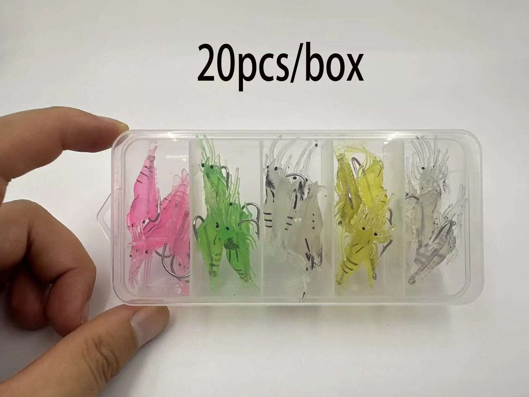 20 unids/caja de cebo de camarón/pez falso simulado, camarones de hierba pequeña, cebo suave de camarones con púas, camarones con luz nocturna, cebo atractivo para