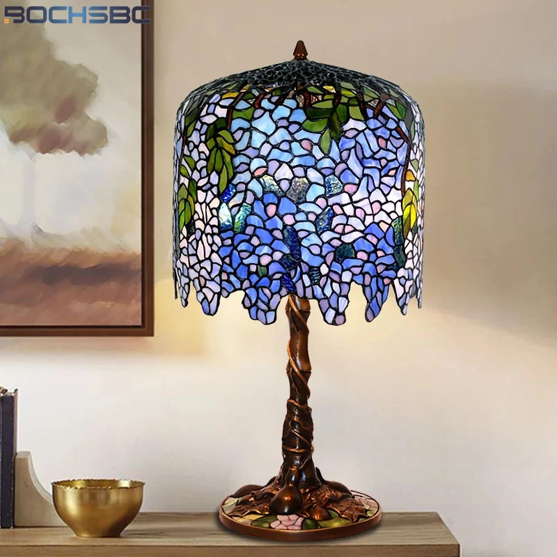 BOCHSBC Tiffany Style Table Lamps Wisteria Apple Flower Grape Stained Glass Shade Copper Cast Mosaic Base Art Decor Desk Lights