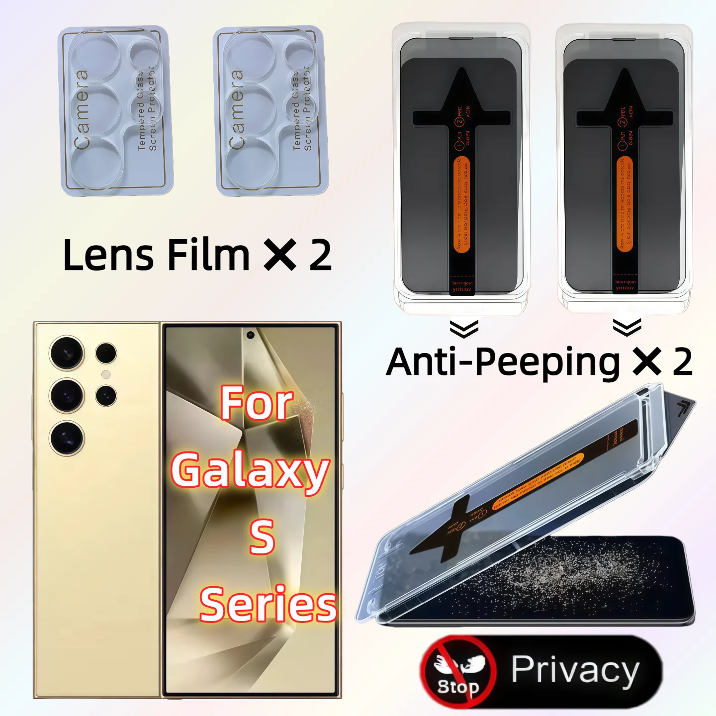 

2PCS Screen Protector for Galaxy S25/S24/S23/S22 Plus Ultra with Anti-Spy Tempered Glass + 2PCS Rear Camera Lens Protector