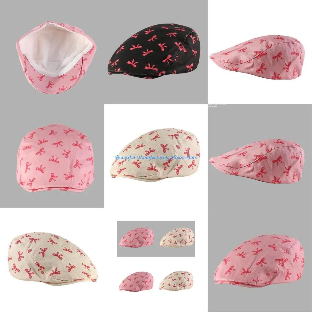 

E56A Fashion Cabbie Hat Bowknot Print Flat Sun Hat Newsboys Hat Women Painters Hat