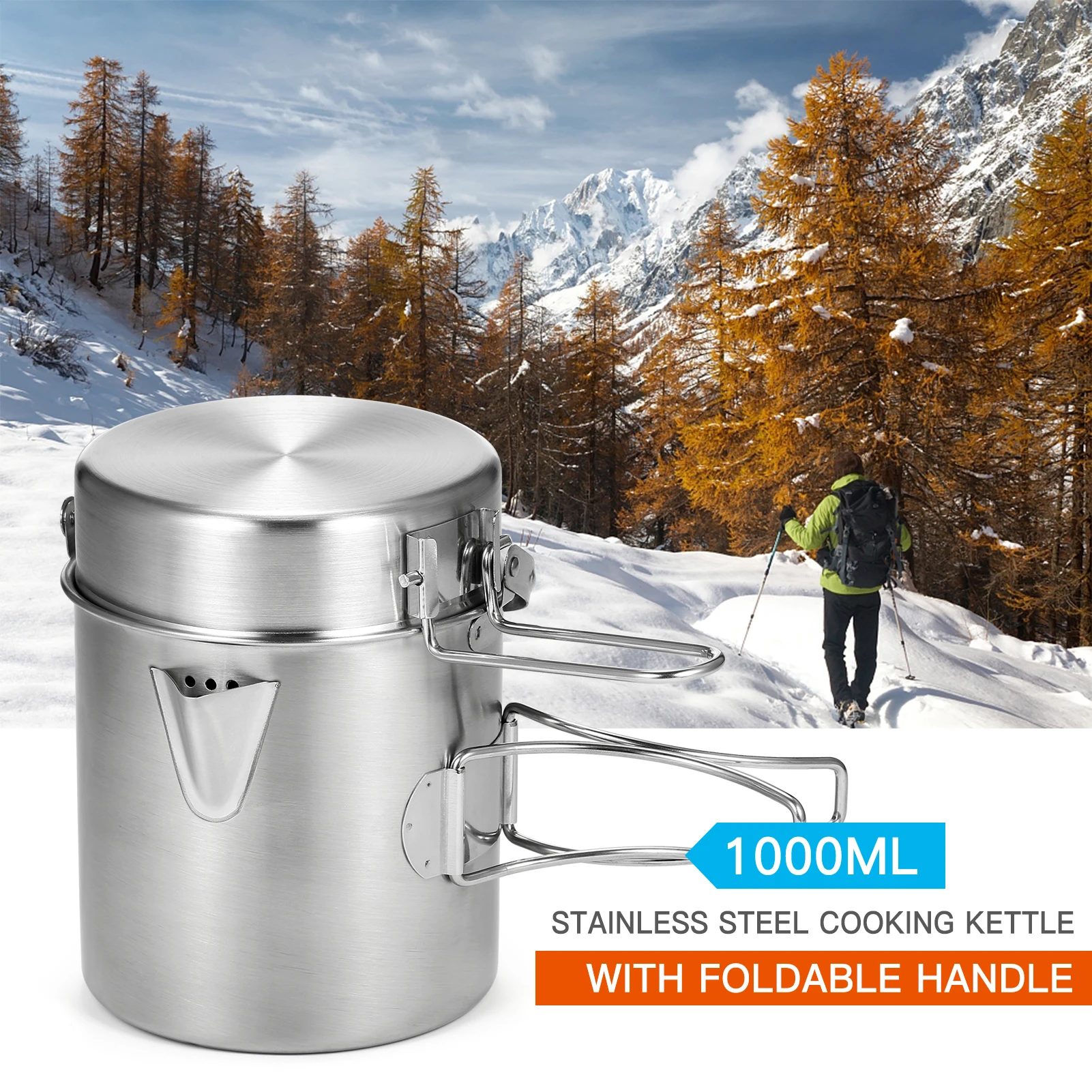 1L Stainless Steel Cooking Kettle Portable Outdoor Camping Pot Pan with Foldable Handle Backpacking Hiking Picnic Camping Kettle