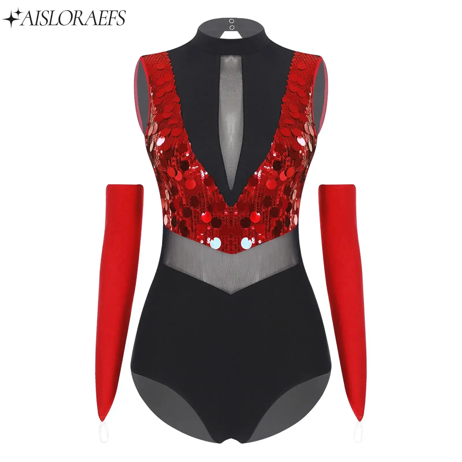

Women's Gymnastics Jazz Latin Dance Leotard Sleeveless Sequins Bodysuit Gloves Suit for Figure Skating Ballet Dance Performance