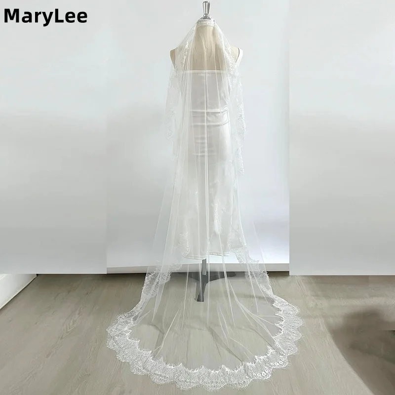 

Мягкая фата из тюля для часовней с кружевом для ресниц, однослойная свадебная фата с расческой, фата цвета слоновой кости, свадебные аксессуары по индивидуальному заказу