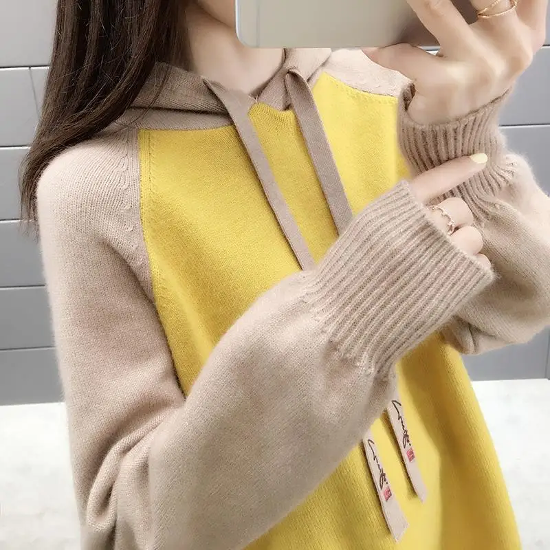 Autumn Winter Korean Fashion Spliced Hooded Tops 2023 Women's Clothing Casual Loose Long Sleeve Knitted Pullovers for Female
