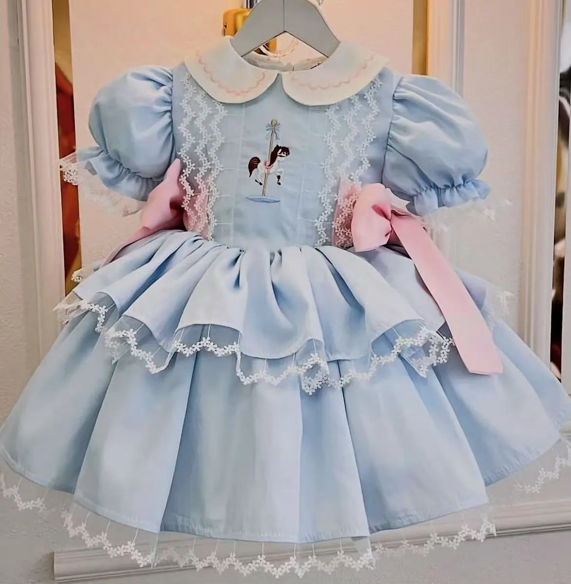 0-12Y Baby Girl Summer Merry-go-round Embroidery Turkish Vintage Princess Blue Dress for Birthday Holiday Eid Photography B333