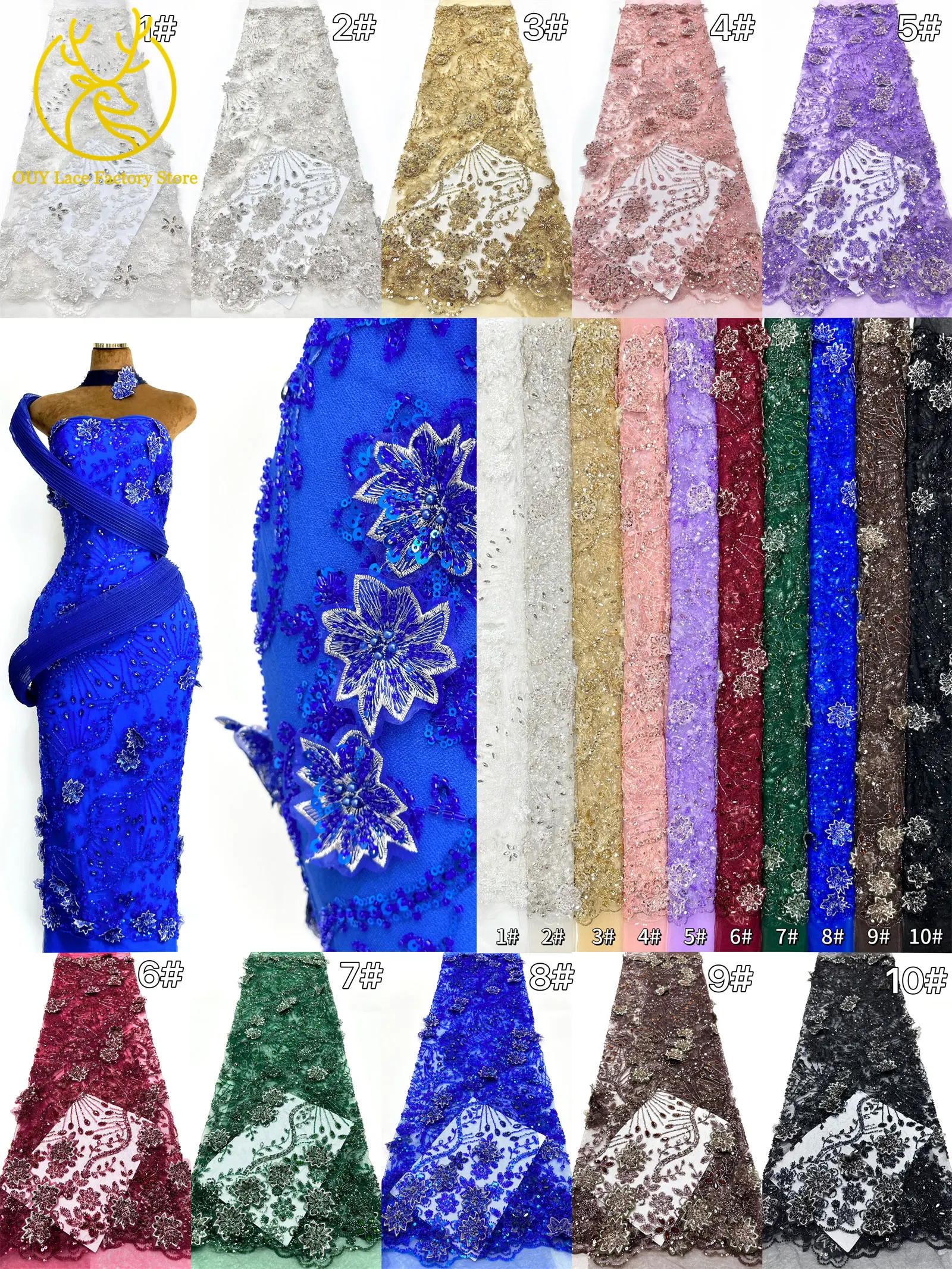 Luxuriöser königsblauer Hochzeits-Spitzenstoff, afrikanischer Perlen-Pailletten-Spitzenstoff, nigerianischer bestickter Mesh-Spitzenstoff für Hochzeitskleider – Detail 3
