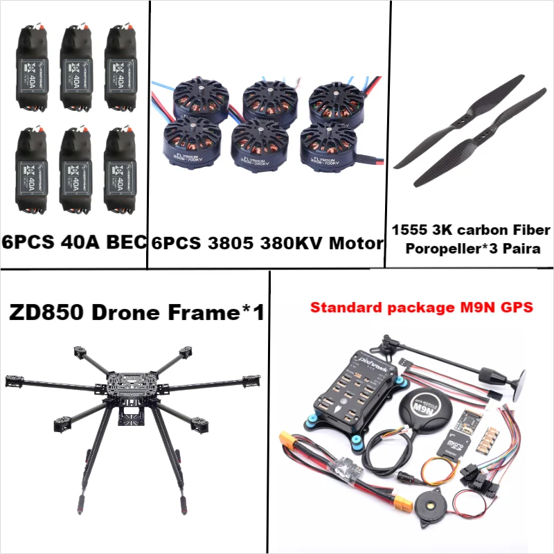 ZD850 Pixhawk 2.4.8 M9N Full Carbon Fiber 850mm Hexa-Rotor Frame BLHELI 40A ESC  Flight Comtrol Rado Telemetry Set